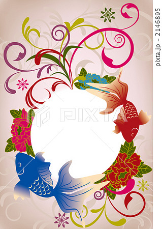 牡丹 金魚 花 和柄のイラスト素材