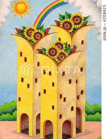 色鉛筆画 幻想的 塔 ファンタジー アナログイラストの写真素材