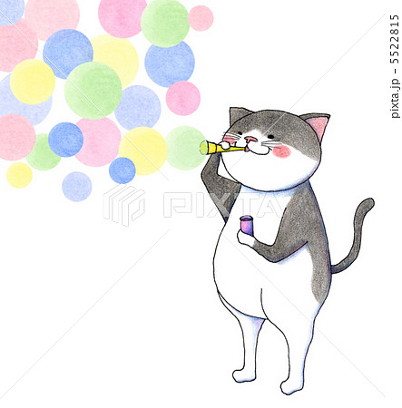 動物 猫 イラスト シャボン玉 パステルカラーの写真素材