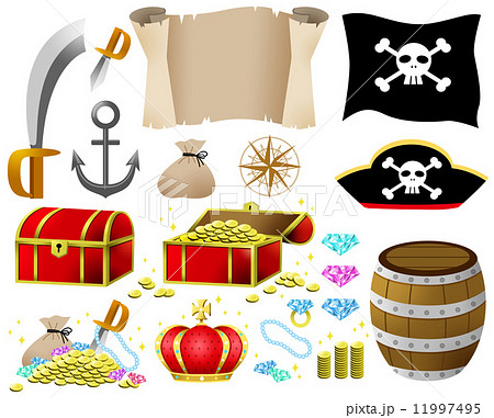 剣 宝箱 海賊旗 樽のイラスト素材