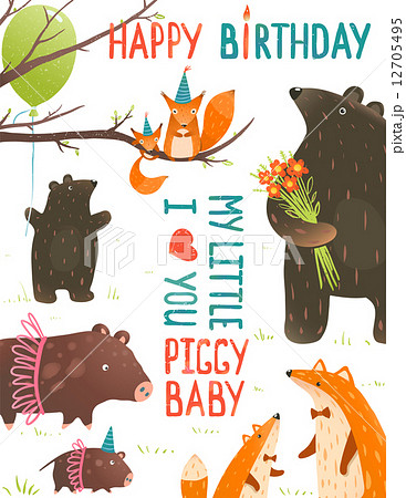 Birthday Card with Forest Animals Mothers and Babies