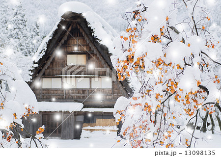 白川郷 冬 雪 柿の写真素材