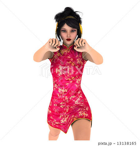 衣装 女性 カンフー ポーズの写真素材