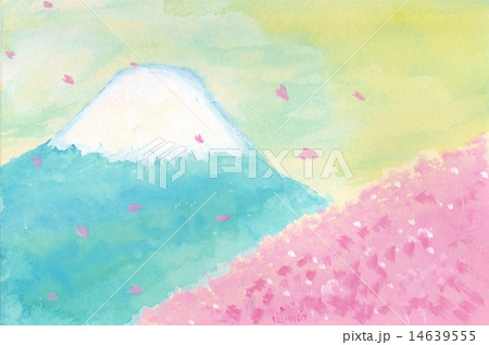 富士山 手描き 桜 絵具のイラスト素材 Pixta