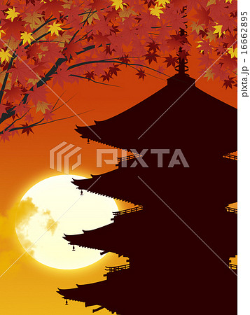 夕暮れ 五重塔 夕日 紅葉のイラスト素材