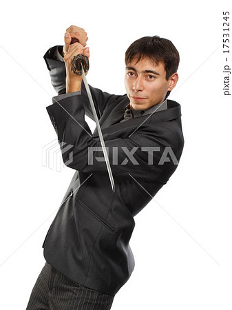 スーツ 日本刀 黒色 サラリーマン Yシャツの写真素材