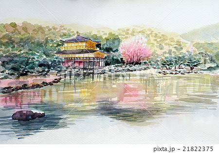 金閣寺 水彩画 フレーム付き 絵画 日本 京都 金閣寺の風景 インテリアアート額付き 水彩画