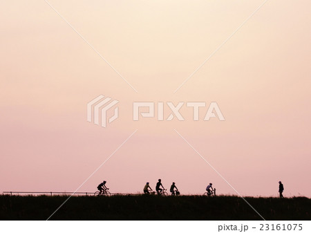 土手 夕方 夕焼け 帰り道の写真素材