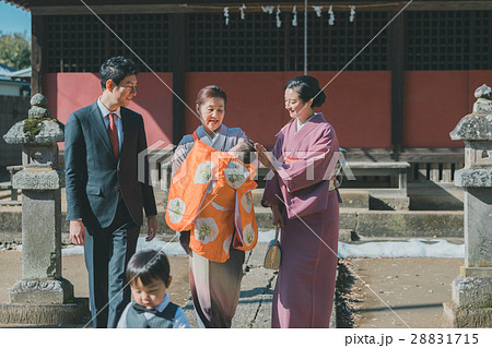 お宮参り 女性 祖母 着物の写真素材