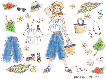 夏のファッション 夏 手描き風入イラスト 夏のおしゃれのイラスト素材