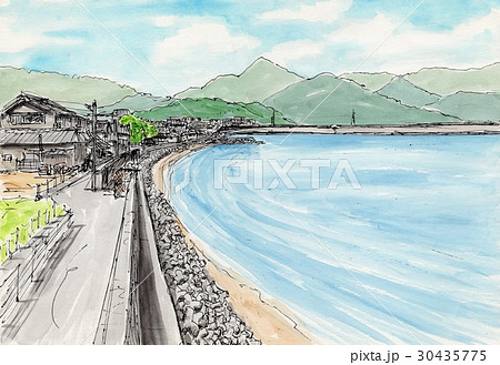 防波堤 風景画 水彩画 家並みのイラスト素材