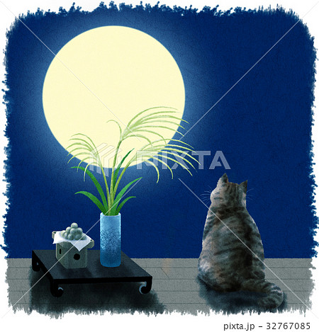 十五夜 猫 月見 満月のイラスト素材