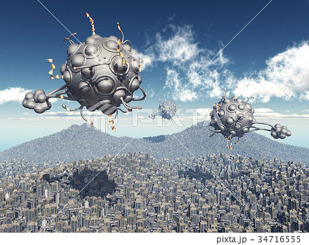 宇宙船 エイリアン 巨大都市 雲のイラスト素材