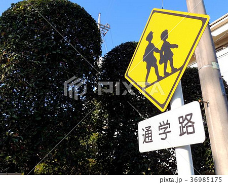 学童通学路 標識 青空の写真素材