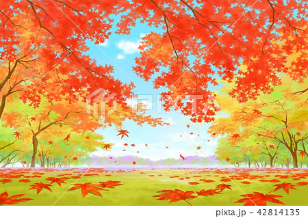 秋 紅葉 水彩画風 アートの写真素材