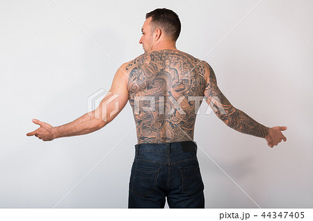 タトゥー 刺青 男性 背中の写真素材