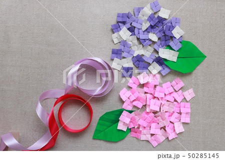 折り紙 紙細工 あじさい クラフトの写真素材