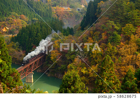 蒸汽機車紅葉只見線場景照片素材