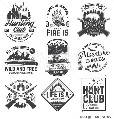 Set Of Fishing And Hunting Club Patches Vector Concept For Shirt