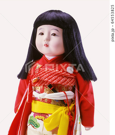 日本人形 黒髪 人形 着物の写真素材