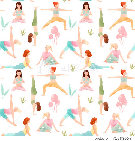 Women exercising yoga flat color trend vector seamless pattern on