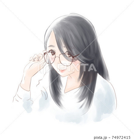 女性 ロングヘア メガネ 白バックのイラスト素材