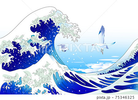 浮世絵風景 大波とカモメのイラスト素材