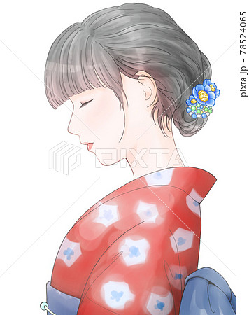 女性 着物 横顔 青のイラスト素材