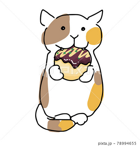 手描き風イラスト たこ焼きを食べるかわいい猫のイラスト素材