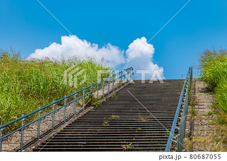 階段 雑草 土手 河川敷の写真素材