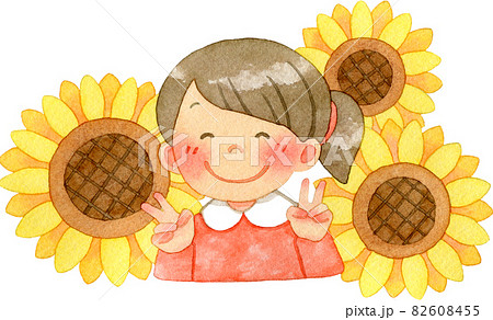 両手でピースをする笑顔の女の子とヒマワリの花
