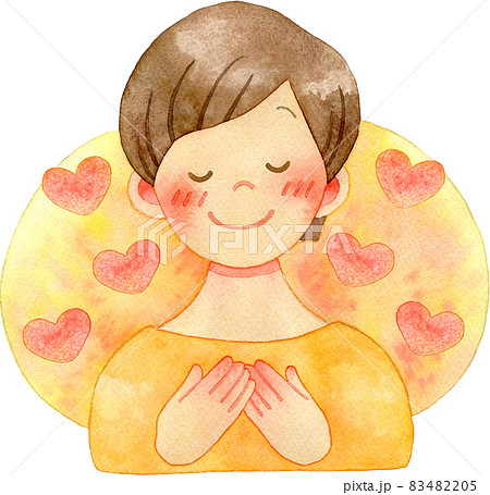 胸に手を当てて目を閉じる女性(シンプルな背景とハート付き)