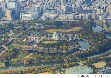 大阪城 航空写真 空撮 大阪の写真素材