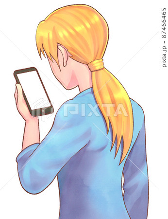 女性 スマホ 携帯電話 後ろ姿のイラスト素材
