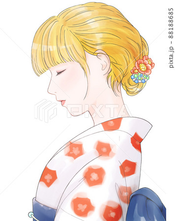 人物 女性 横顔 着物 女の子のイラスト素材