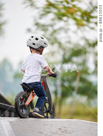 幼児 後姿 少年 自転車の写真素材