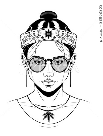 女性 白黒 サングラス モノクロのイラスト素材