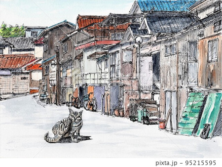 家並み 水彩画 古民家 屋根瓦の写真素材 - PIXTA