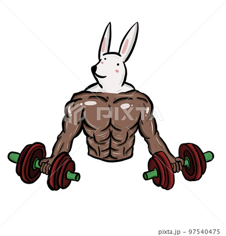 Fluffy rabbit workout in gym with weights