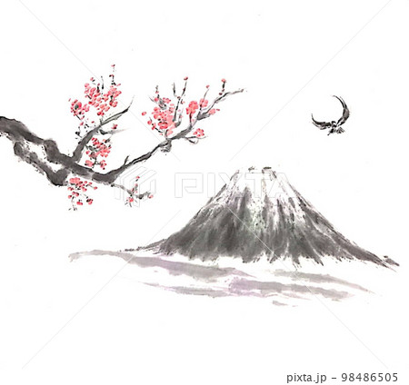 梅 梅の花 墨絵 水墨画の写真素材 - PIXTA