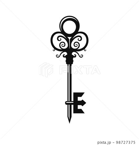 Old key silhouette. Treasure symbol. Secret door icon