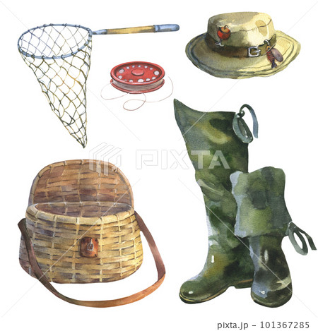 Fishing Rod, Reel, Reed, Rubber Boots, Fishing Bag Full of Fish