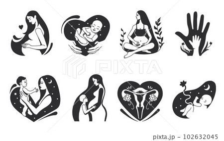 Pregnant women set. Woman expectant baby, mother holding newborn,  multicultural motherhood with diverse clothes and accessories. Vector set, Stock vector