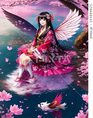 水辺に座る桜の妖精