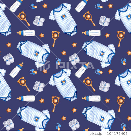 Cute baby boy seamless pattern for textile, print, greeting cards, wrapping  paper, wallpaper. Vector illustration blue color nipple, handprint, bottle  Stock Vector