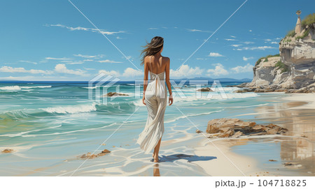 女性 海岸 砂浜 歩くのイラスト素材 - PIXTA