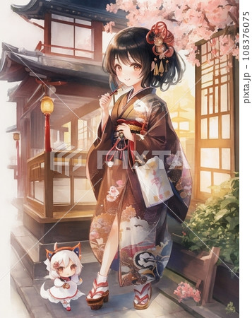 着物を着た女性と桜の花