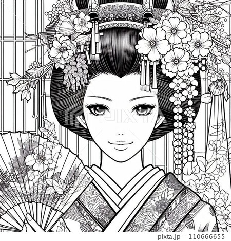 塗り絵 女性 着物姿 趣味のイラスト素材 - PIXTA
