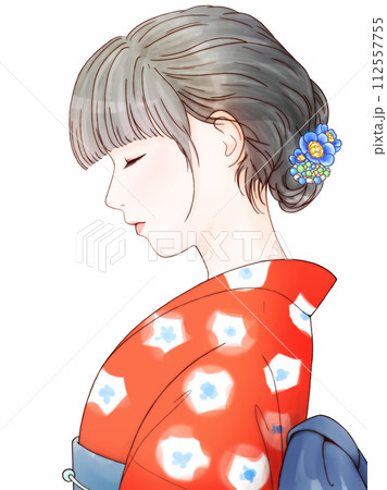 女性 着物 横顔 青のイラスト素材 - PIXTA