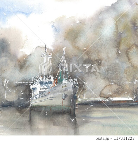 印象派風 水彩画 船の港の風景 780a7eae1d15b17e8f1159f2f9cd07